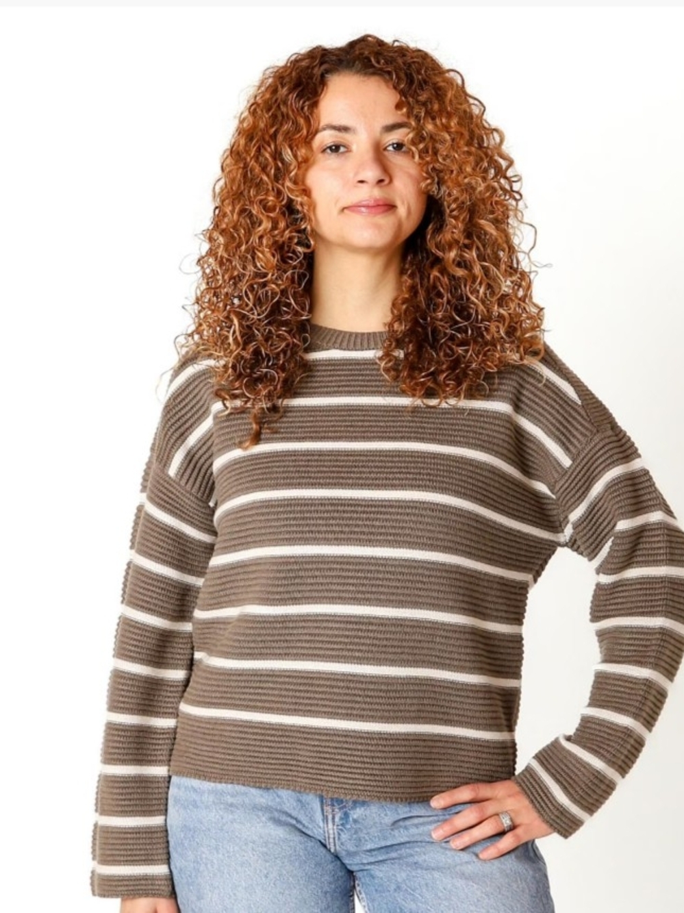 Women's Taupe & Cream Striped Crewneck Sweater